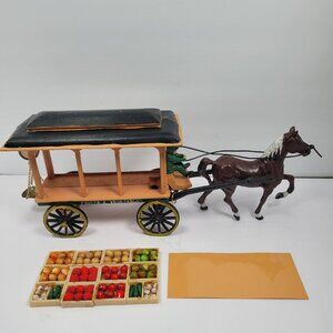 Vintage Cast Iron Horse Drawn Fruit & Vegetable Collectible Wagon with Figurine